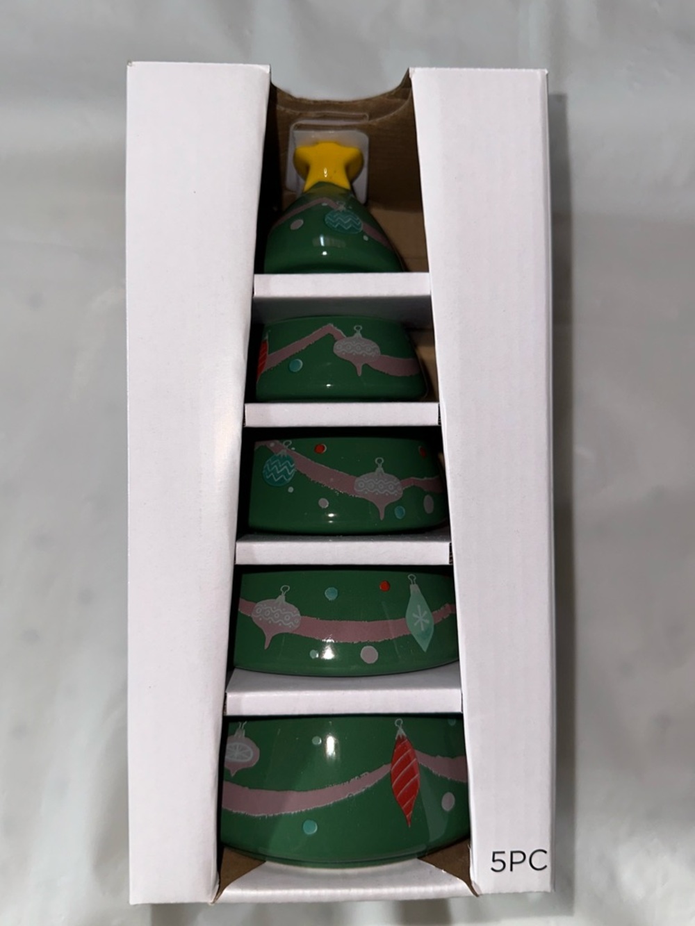 Green Ceramic Stacking Bowls Set with Holiday Motif - 5pc